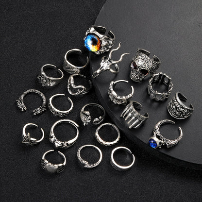 Set of 20 Gothic Skull Demon Eye Deer Antler Punk Rings for Halloween Parties, Festivals, and Everyday Wear. Great for gifts.