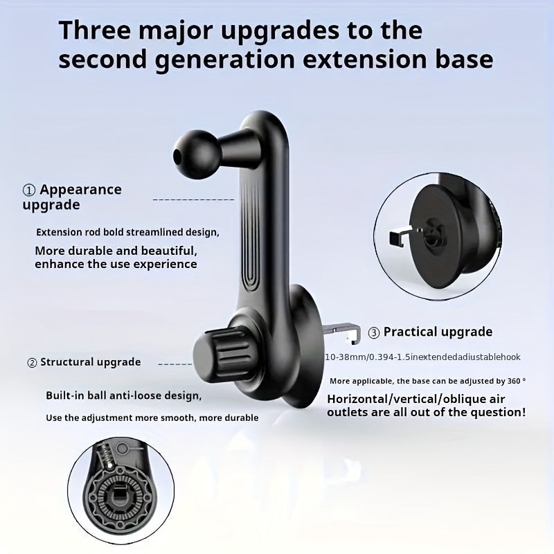 Car phone mount features stable gravity lock, anti-shake design, and adjustable air vent grip made of waterproof ABS material.