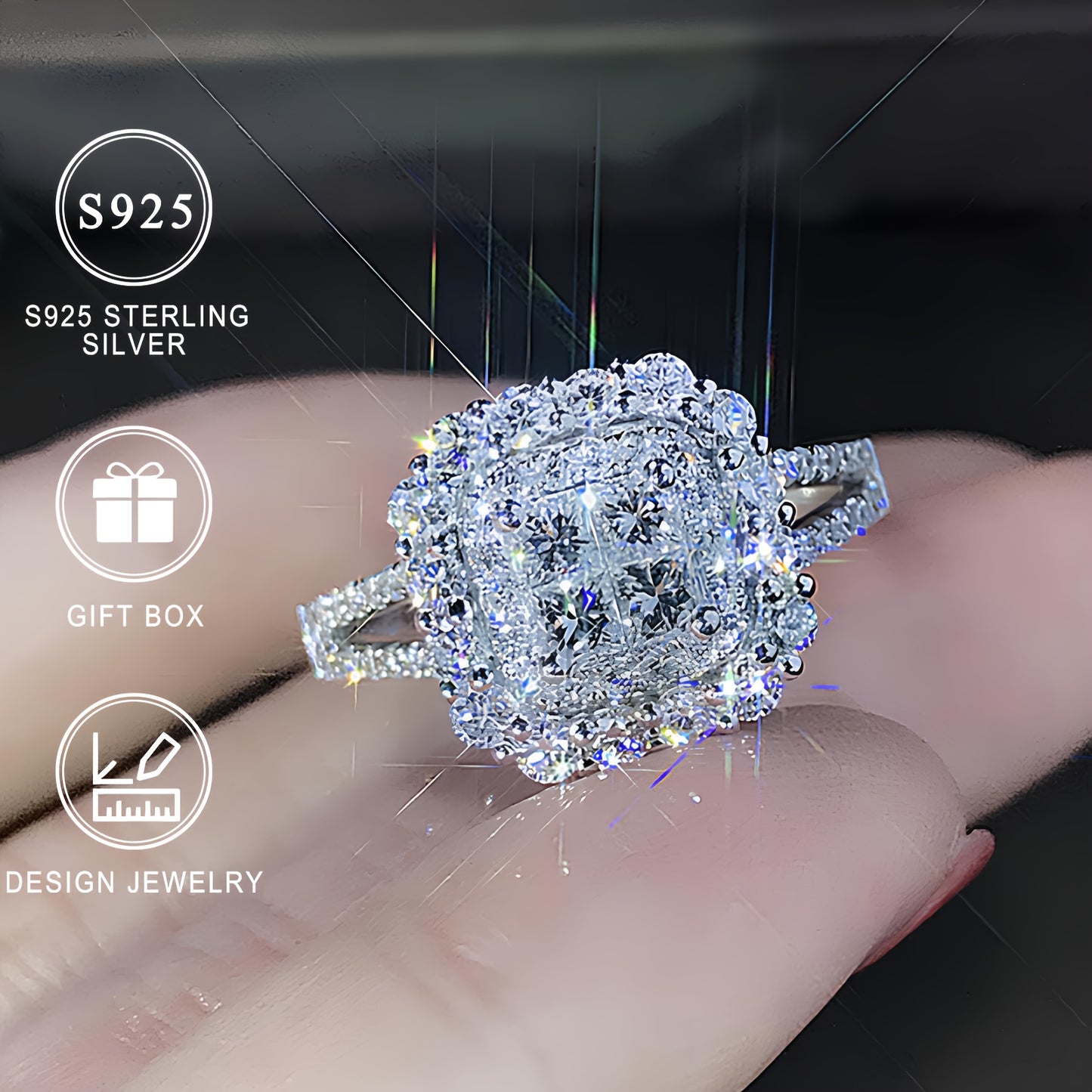 925 Sterling Silver Square Synthetic Zirconia Ring for Women, ideal for engagement, wedding, or everyday wear. High-quality jewelry with a gift box.