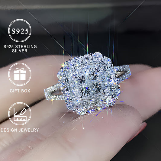 925 Sterling Silver Square Synthetic Zirconia Ring for Women, ideal for engagement, wedding, or everyday wear. High-quality jewelry with a gift box.