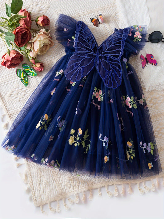 Girls Butterfly Princess Dress with Wings and Floral Mesh - Perfect Holiday Party Gift