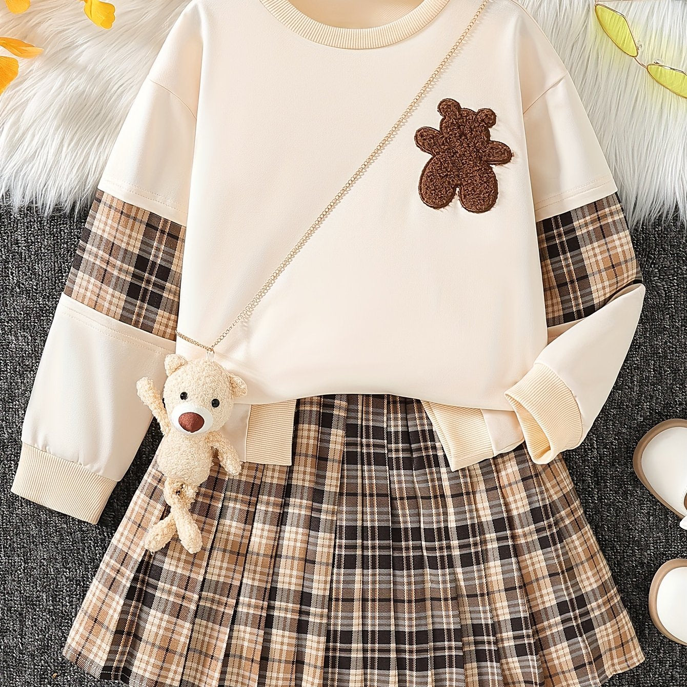 3-piece set with autumn-themed bear embroidery, plaid top, pleated skirt, and bear pendant.