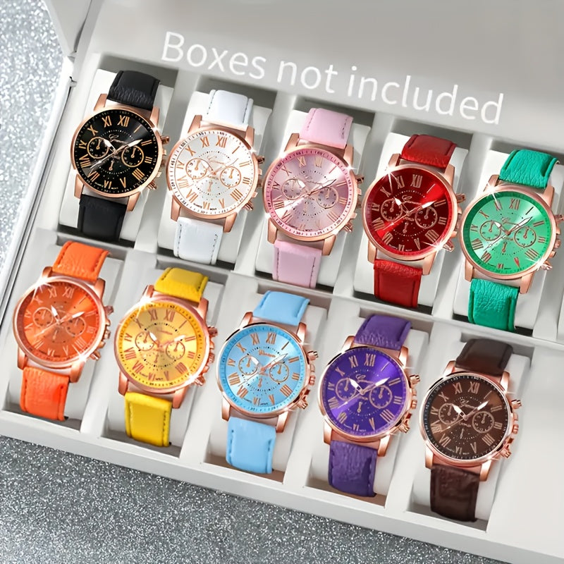 Fashion Quartz Watch Set with 10pcs, Zinc Alloy Case, PUPU Leather Strap in varied colors, button battery included & no additional battery required.