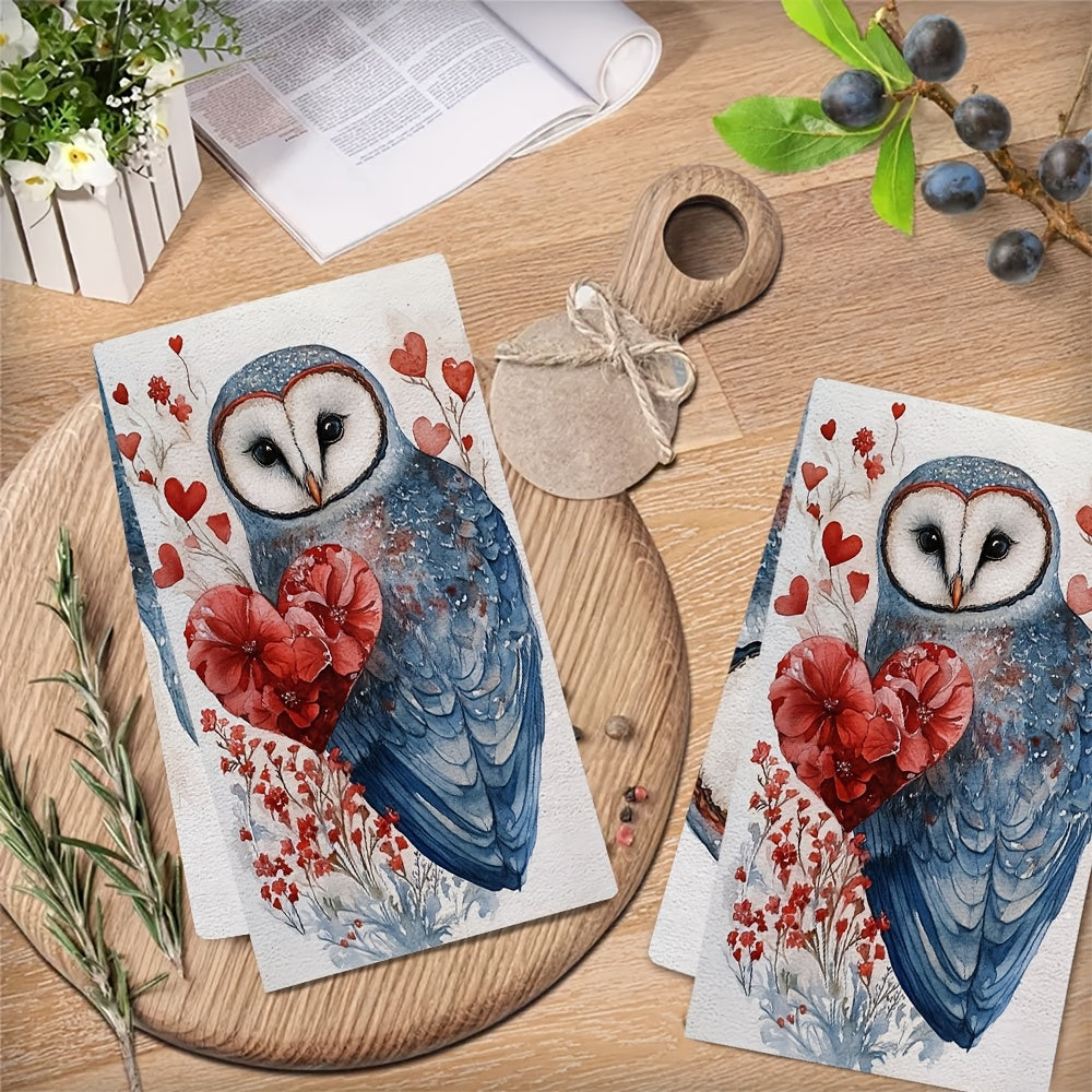 Valentine's Owl Design Kitchen Towels - Set of 2, Ultra Soft and Highly Absorbent, Machine Washable Dish Hand Towels, 40.64x60.96 cm - Ideal for Holiday Decor and Everyday Use in the Kitchen