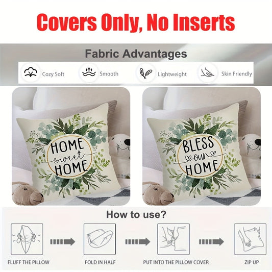 Upgrade your home decor with the MEMNUN Cozy Cottage-Style Pillow Cover featuring a charming leaf and "Home Sweet Home" text. The soft, green floral pattern adds a touch of elegance to any room. Made of machine washable polyester, this zippered cover is