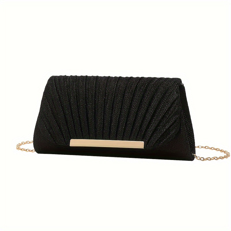 Stylish clutch bags for evening events: pleated evening clutch, golden embellished wallet clutch, and chic chain clutch for ladies.