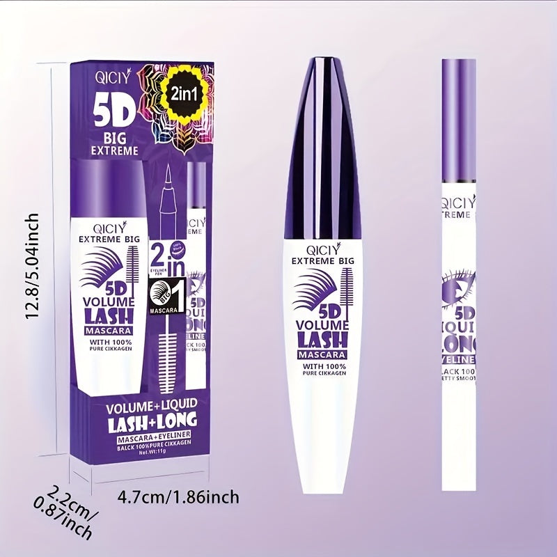 Waterproof 5D Volumizing Mascara & Eyeliner Set with Silicone Brush - Long-lasting makeup for all skin types, quick dry.