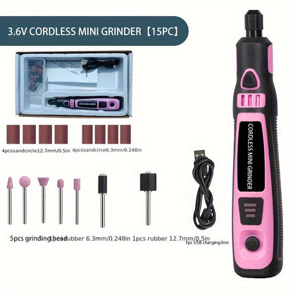 Cordless mini electric grinder set in pink with 3-speed rotary tool kit, rechargeable lithium battery. Portable machine for polishing, carving, engraving, and drilling on jade, wax, and