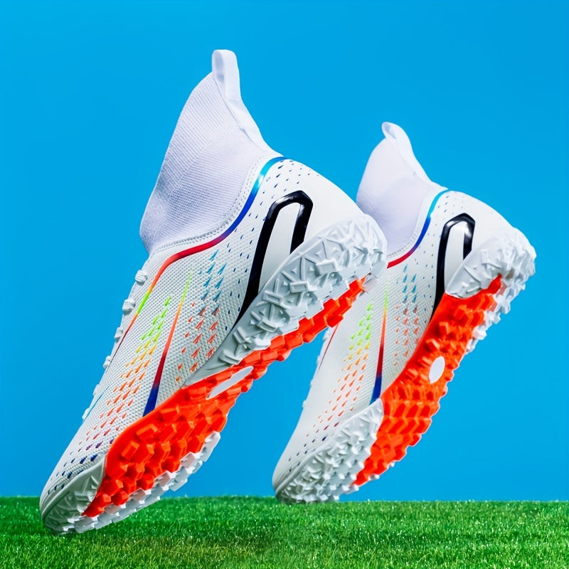 High top turf football boots for men, professional outdoor anti-skid lace up soccer cleats for training and competition in summer rain.