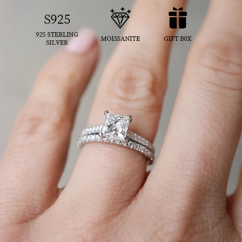 Two-piece set of hypoallergenic 925 sterling silver rings featuring a 1ct square moissanite stone, perfect for stacking. Ideal for proposal, engagement, or wedding band, this eternity ring makes a thoughtful gift for women. Comes with a gift box for easy