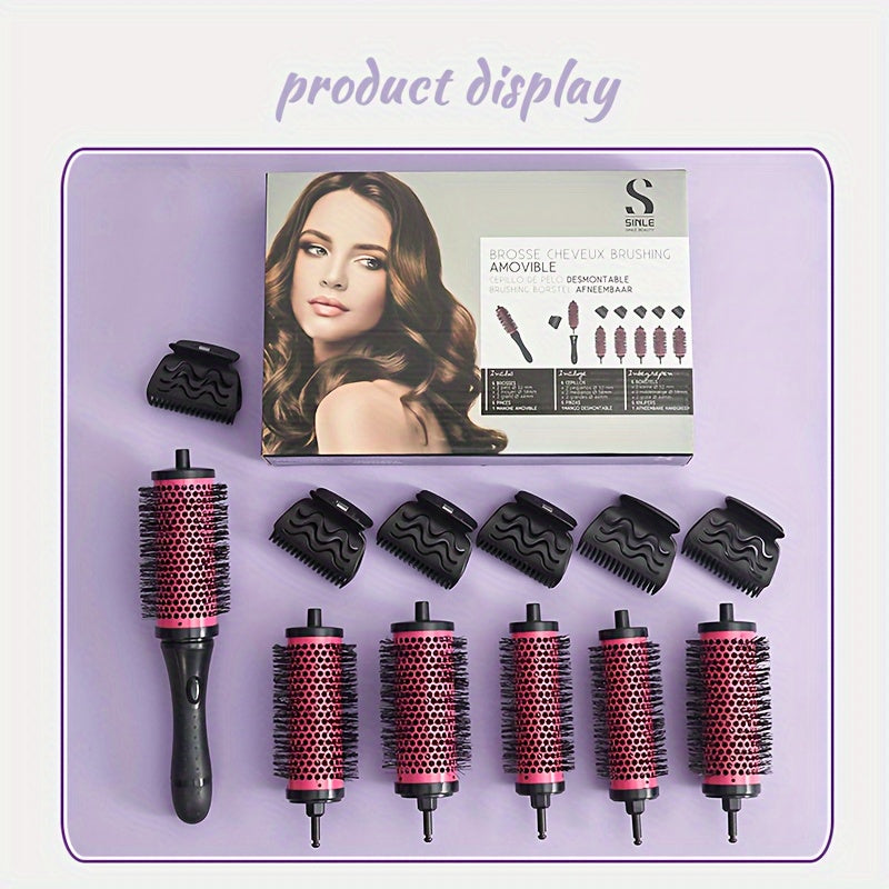 6-piece hair styling comb set for women made of aluminum and copper, including detangling and round curling brushes with nylon bristles for all hair types.