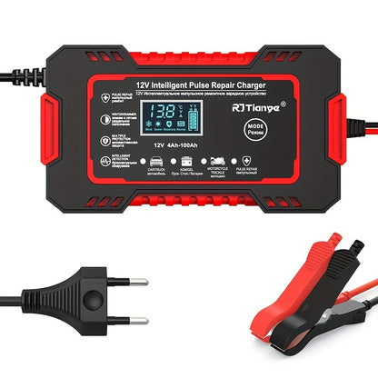 RJTIANYE 12V 6A Smart Pulse Repair Charger: LCD Display, Trickle Charger for Cars, Trucks, Motorcycles, Lawn Mowers, Marine Equipment | Temperature Compensation, Overcharge Protection, Fits