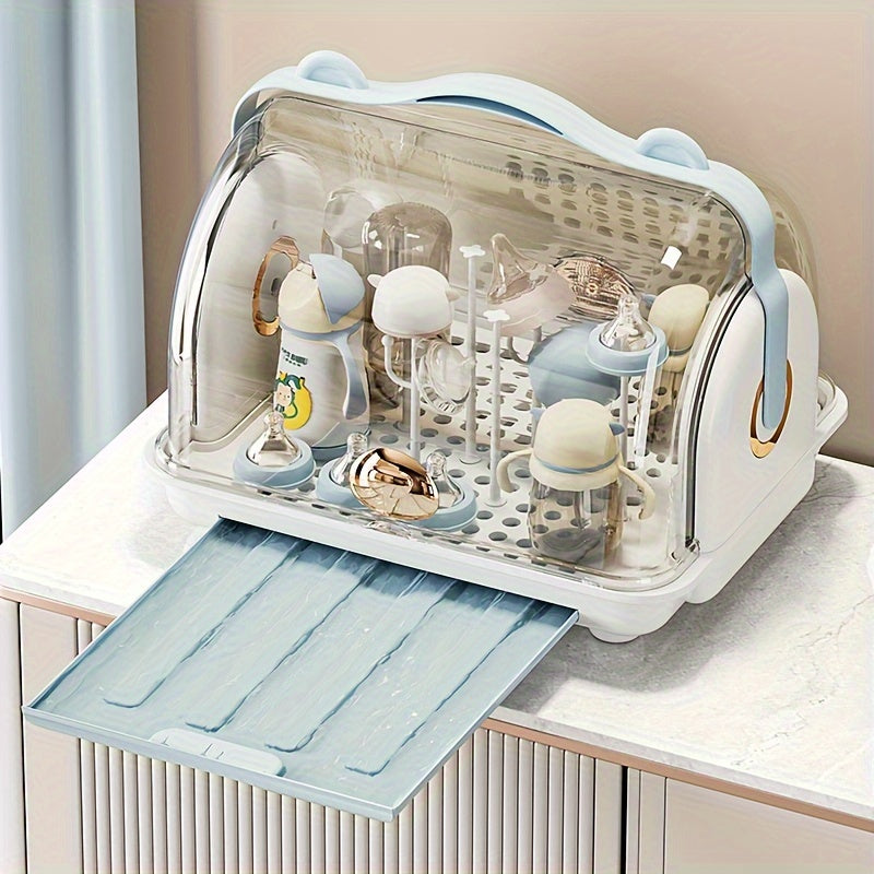 Child's desktop storage box with a lid, dustproof bottle holder, drainage storage rack, baby utensils, food supplement tool, and organization and storage solution.