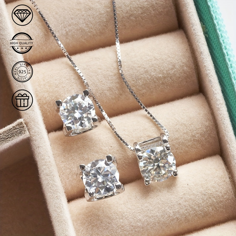 Set of 3 Bague Ringen Pieces: 1 Simple Style Moissanite Bull Head Four-claw Necklace, 1 Pair of S925 Pure Silvery Bull Head Four-claw Diamond Earrings. Fashionable daily wear jewelry set with a weight of 5g.