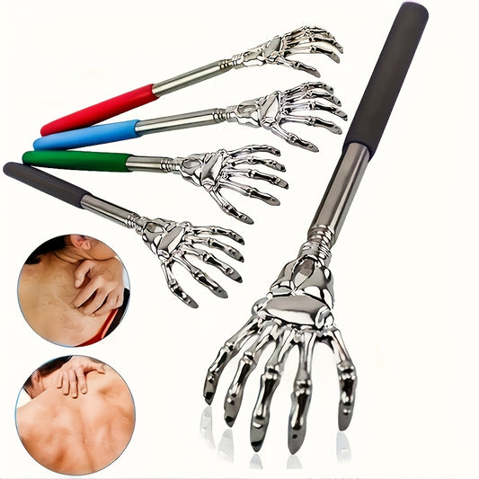 Stainless steel back scratcher with extendable claw, adjustable, portable, ergonomic handle, 3 color options, great for massage and relieving itch.