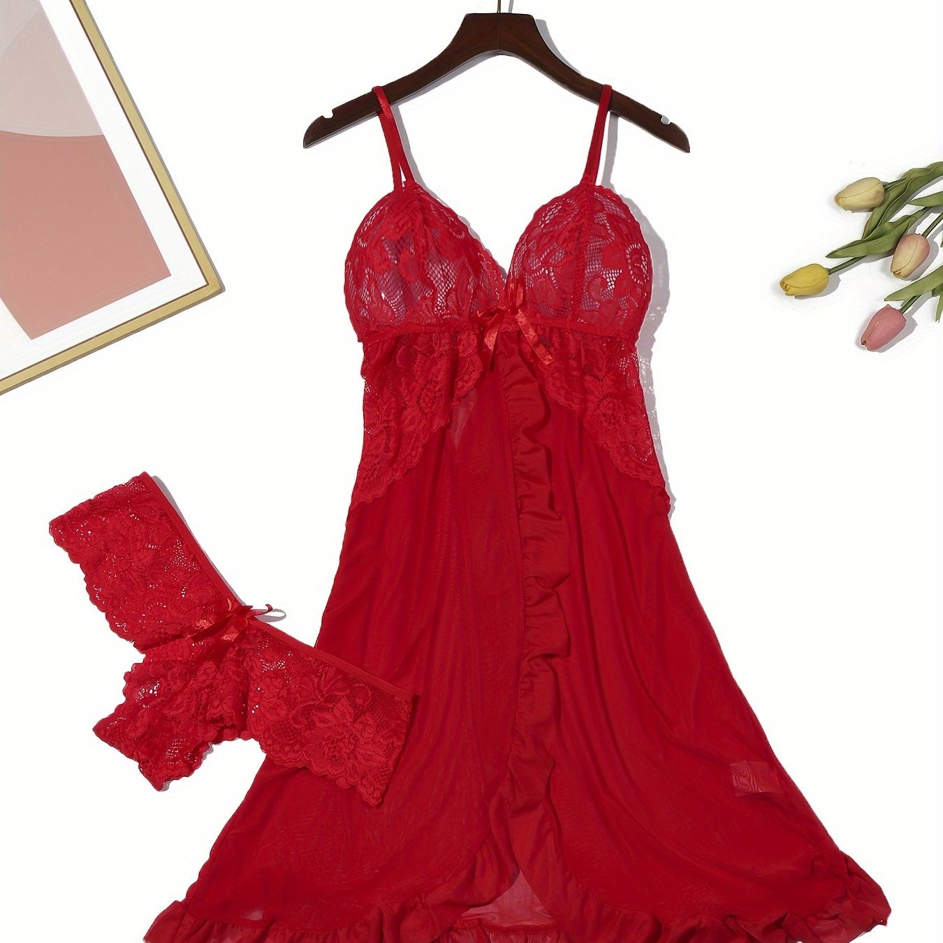 Women's sexy sleepwear set with lace trim, deep V-neck slip dress and panty lingerie.