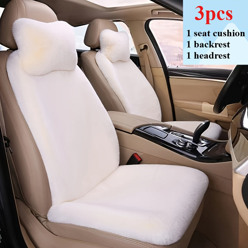 3-piece plush pink car seat cover set for front row with cushion, backrest, and neck pillow, perfect for winter comfort.