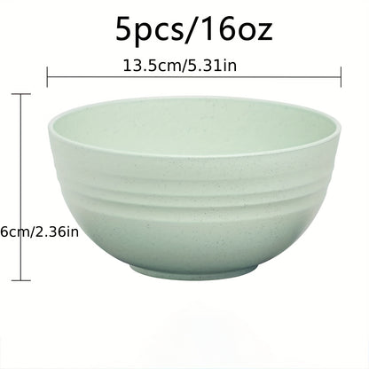 5-piece wheat straw bowl set: unbreakable, microwave & dishwasher safe, 16oz capacity, pastel colors with textured finish for salads, grains, & dinners.