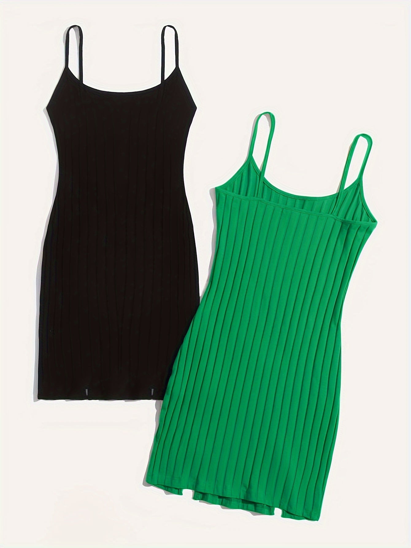 Two solid ribbed lounge dresses with a casual crew neck, split slip design for women's loungewear.