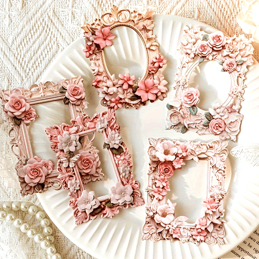 Set of 5 Floral Vintage Frames, Elegant Plastic Picture Frames with Embossed Design for Scrapbooking, DIY Crafts, and Home Decor.