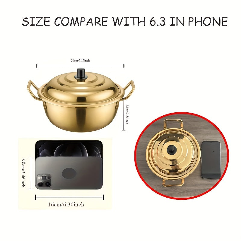 Korean Stainless Steel Cookware Set - Binaural Ramen Noodle Pots with Lids, Golden Soup Pots for Home Cooking