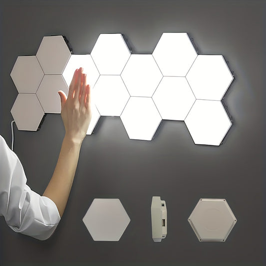 DIY 6-pack hexagonal LED wall lights with touch control and night light feature. Energy-efficient neutral white lighting, made of plastic material. Wall-mounted for up-light illumination.