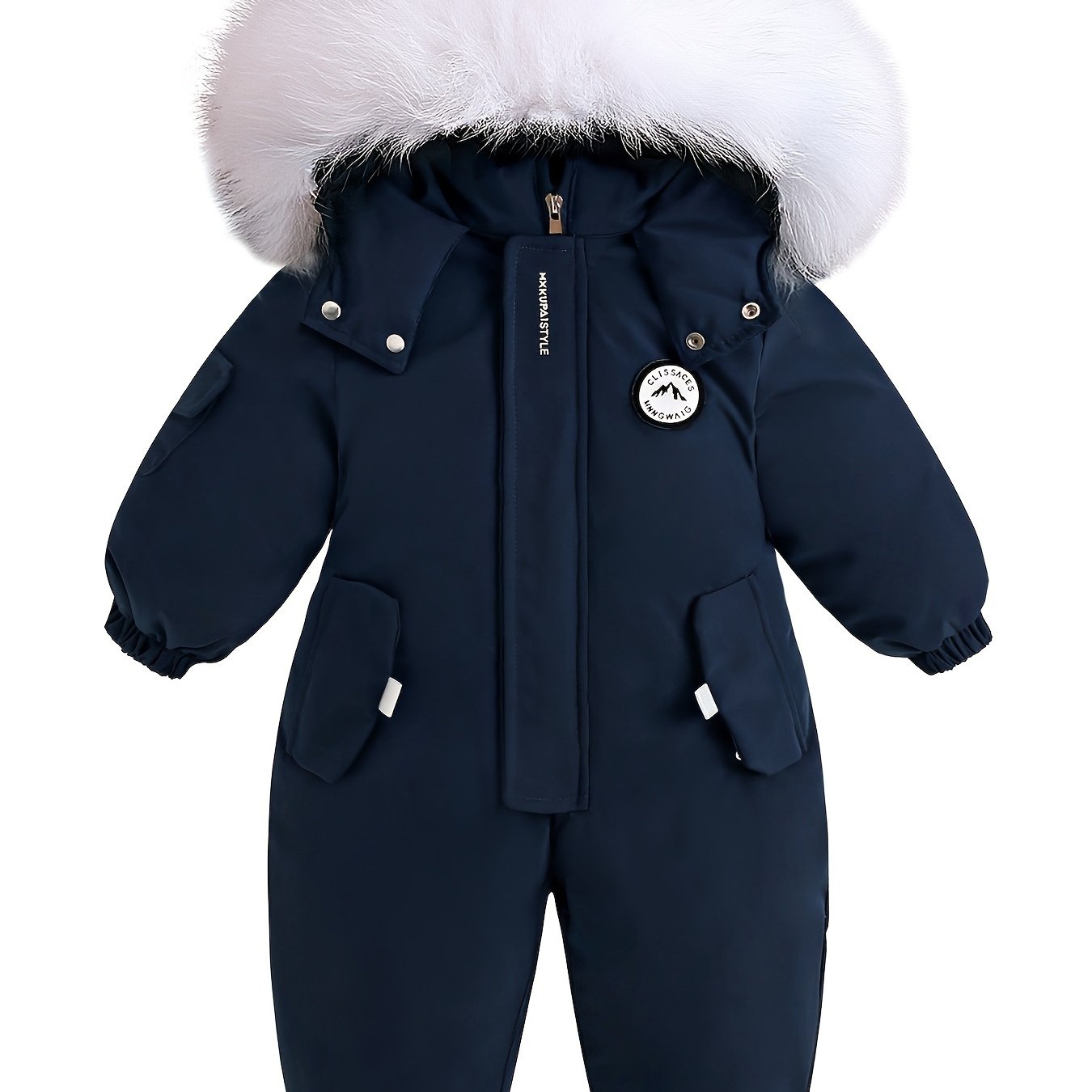 Winter baby jacket with hood, fur trim, pockets, fleece-lined, zip-up, unisex, navy blue.