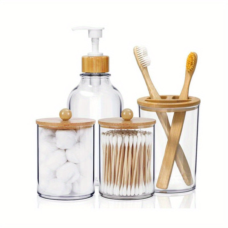 Set of 4 bamboo bathroom accessories for decorating and organizing.