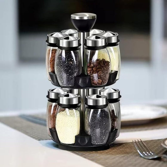 Presenting a rotating 12-jar spice rack organizer, perfect for kitchen countertops. Each rack comes with 12 glass jars, making it an ideal gift for chefs and food enthusiasts (spices not included).