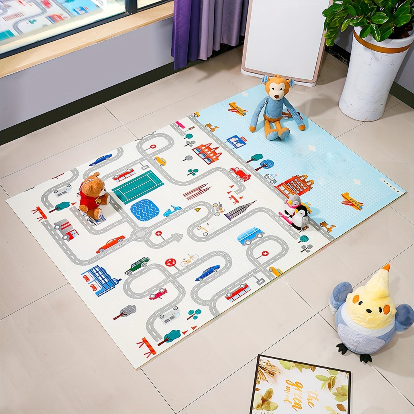 This double-sided XPE crawling mat is foldable and measures 176.99cm x 116.84cm. Featuring a cute animal pattern, this waterproof mat is easy to clean and perfect for youngsters. Suitable for indoor use, this hypoallergenic and odorless play mat provides