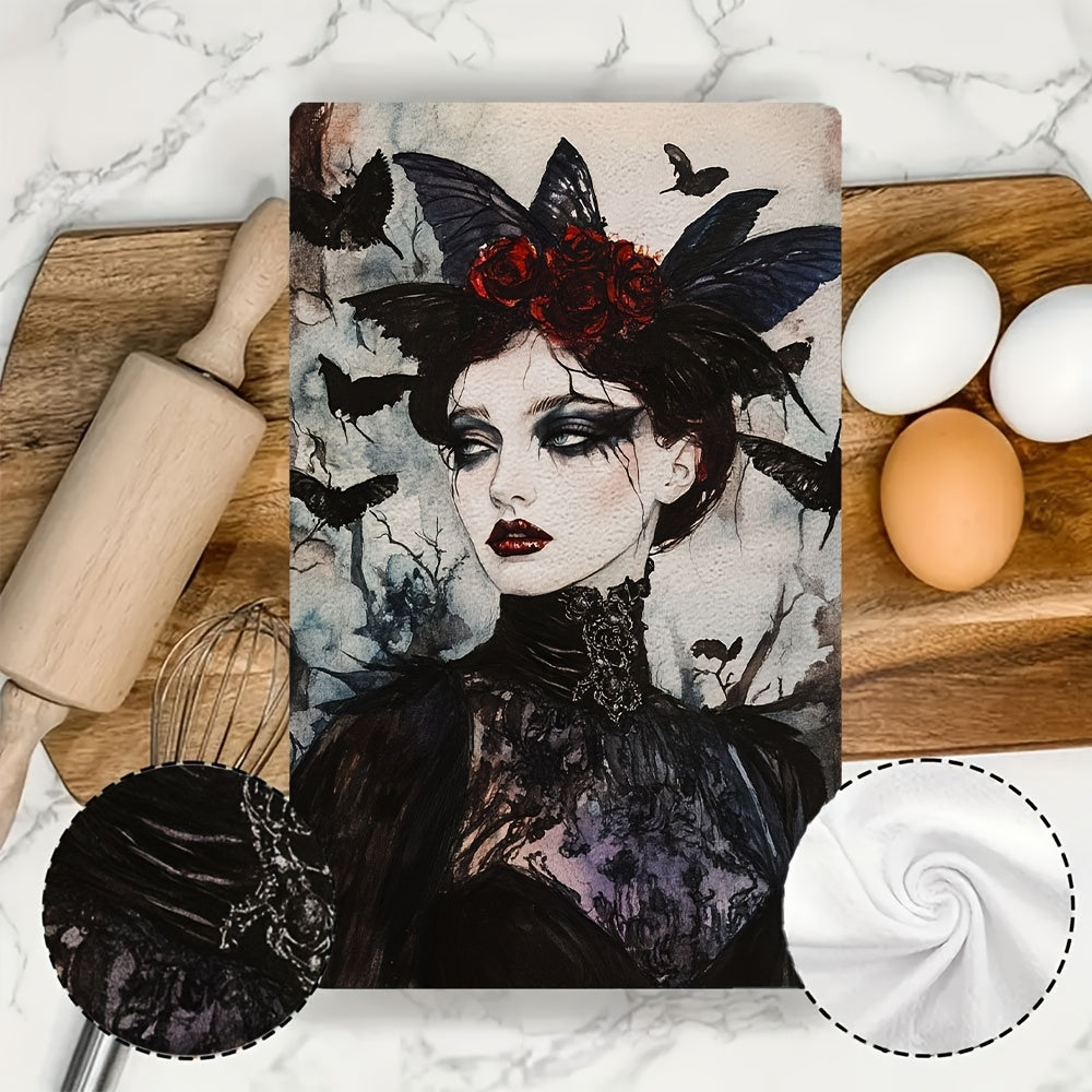 Two pieces of Whimsigoth Art Kitchen Towels - These ultra soft and highly absorbent polyester dish hand towels measure 40.64x60.96 cm. Featuring a gothic elegance design with red roses and black lace, they are machine washable and perfect for holiday