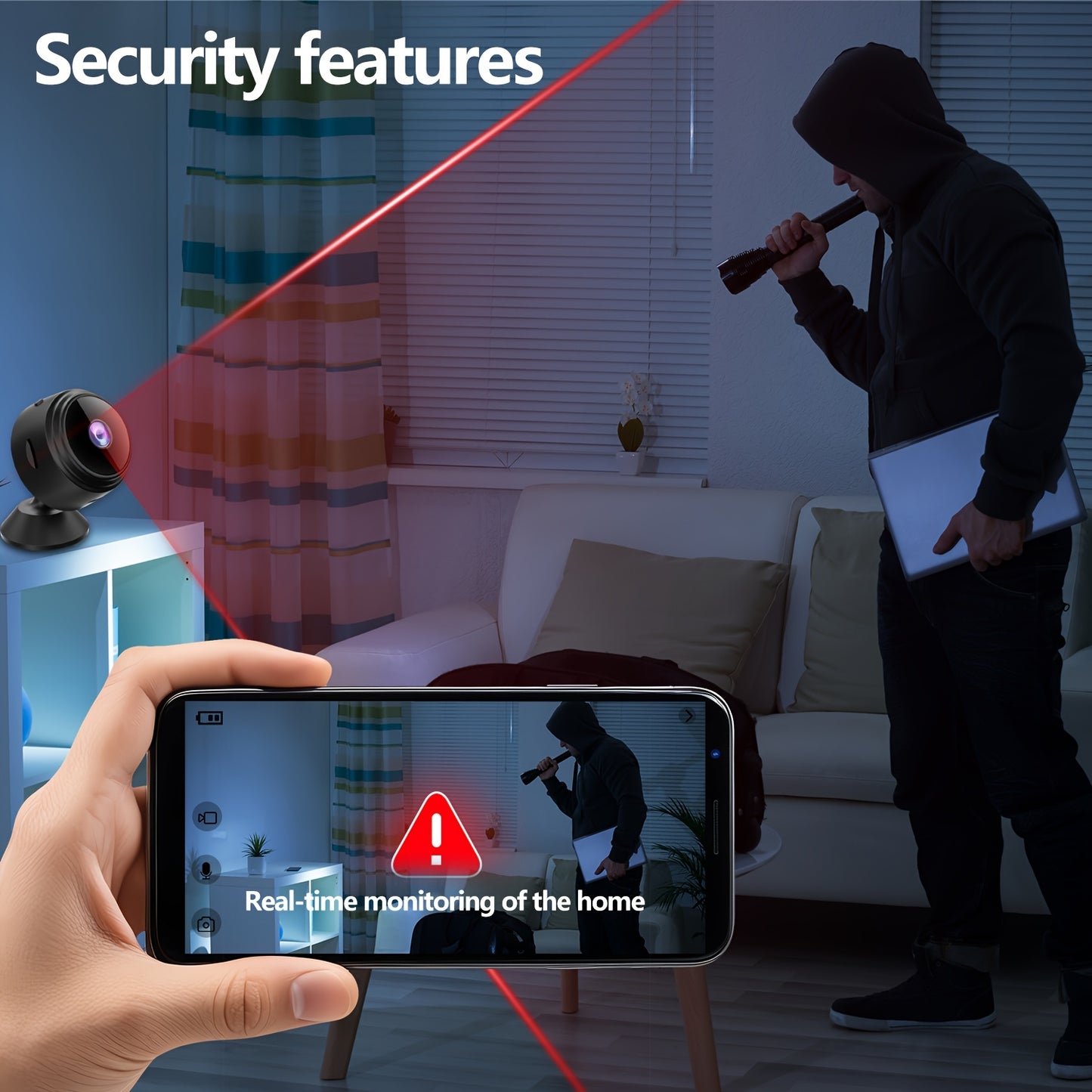 Small wireless security camera for indoor/outdoor surveillance, with remote viewing app, USB power, rechargeable battery, home assistant features, and personal housekeeper assistant.