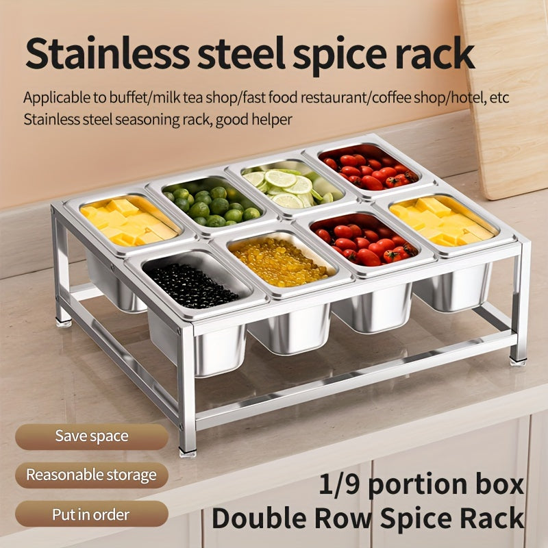 Set of stainless steel spice racks with 8 compartments, designed for organizing spices in both kitchens and restaurants. Includes seasoning containers.