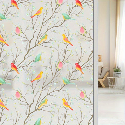 4mil Thick Elegant Bird & Branch Design Frosted Window Film with Static Cling for Privacy and Anti-Glare - Ideal for Kitchen, Bathroom, and Office Sliding Doors.