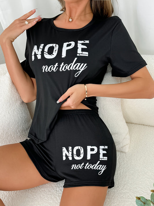 Women's casual pajama set with "NOPE not today" print, including short sleeve t-shirt and shorts. Comfortable loungewear for sleeping or lounging.