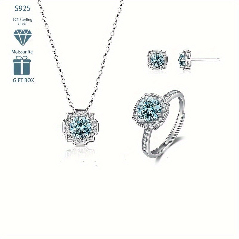 Choose your preferred color and receive a set of high-quality jewelry pieces - one pair of ear studs, one necklace, and one ring all inlaid with sparkling Moissanite stones. Made from 925 sterling silver, these accessories are perfect for engagements or