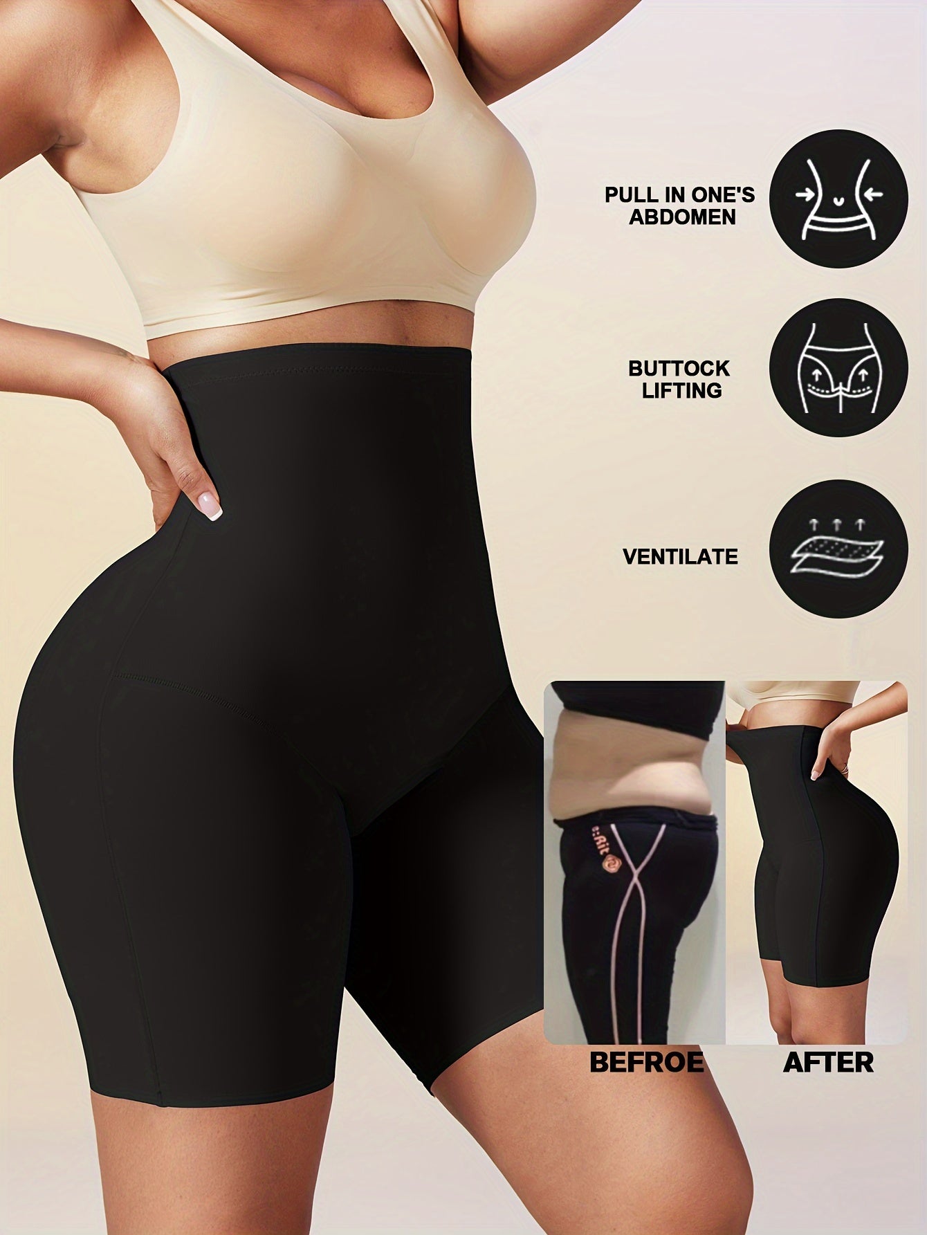 Seamless high-waist shapewear shorts for women with tummy control, ideal for slimming and enhancing body shape under dresses.