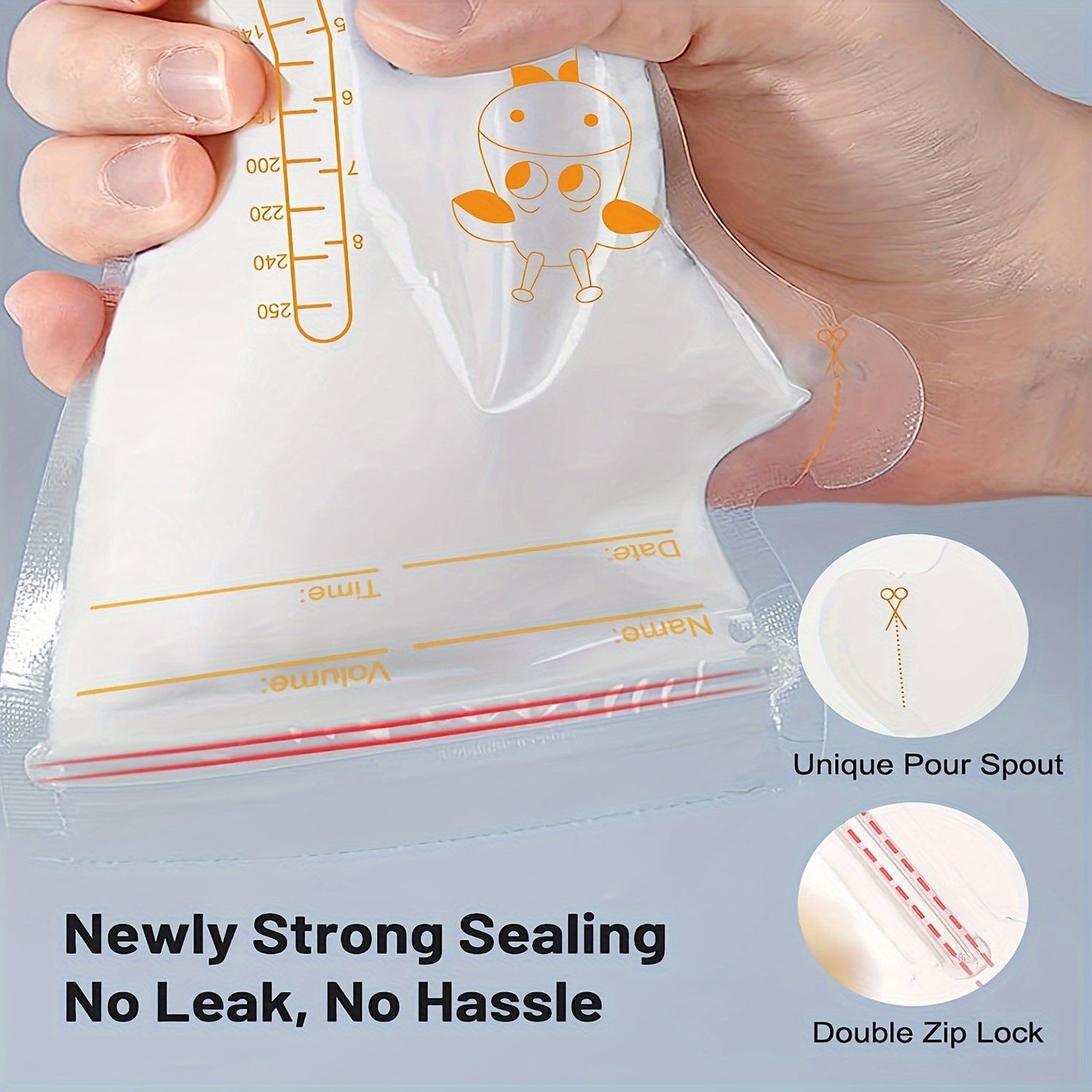 A pack of 60 breastmilk storage bags, each holding 8.5oz and made from BPA-free material. These bags come with a convenient pour spout for easy pouring while breastfeeding. They are designed to stand on their own and have a flat profile, saving space in