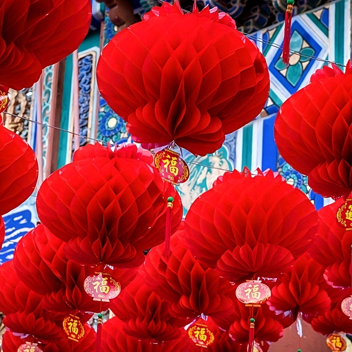 10 classic red honeycomb lanterns, paper hanging decorations for various occasions, no electricity necessary, suitable for festive home and garden decor.