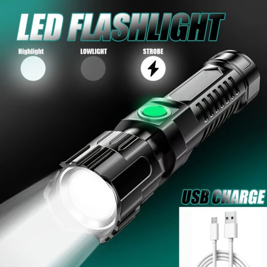 Compact, portable USB-powered flashlight with long-range illumination, rechargeable lithium battery, and compact design - ideal for camping and hiking. Includes USB cable.