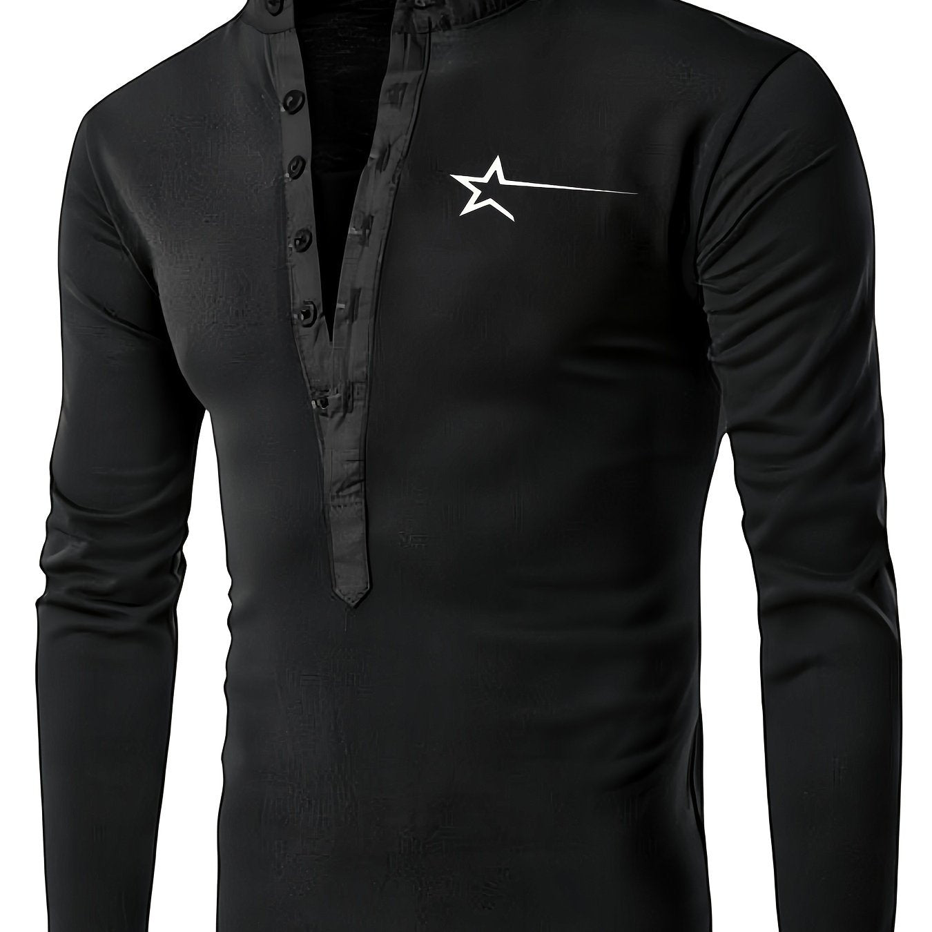 Men's slim fit half zip top with stand collar and button detail, made of polyester and spandex knit fabric with medium stretch, suitable for spring/fall season.