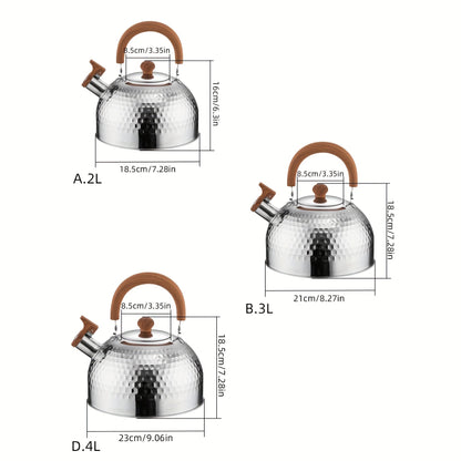 An outdoor-friendly stainless steel kettle with a hammered texture and a whistling spout, ideal for boiling water in the backyard to make tea or coffee.