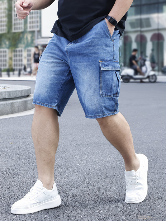 Men's plus size light blue denim shorts with casual fit, pockets, and classic style for casual attire.