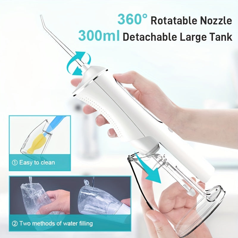 Cordless water flosser with 4 cleaning modes, USB rechargeable, 1500mAh battery, travel-friendly.