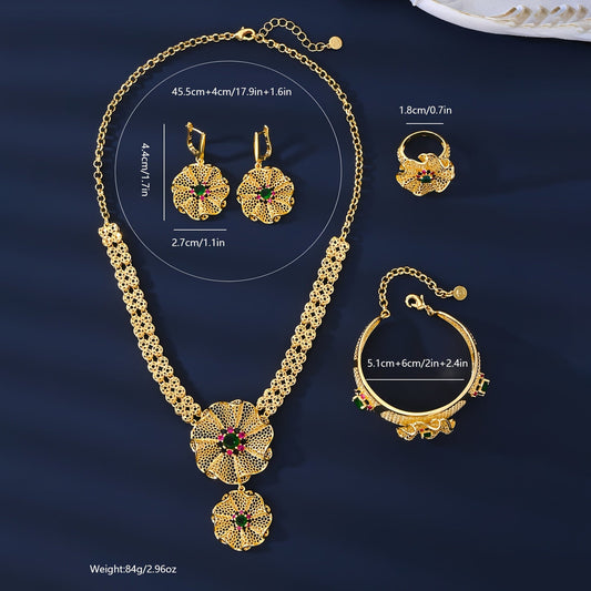 Vintage-style MEIZ jewelry set featuring elegant and simple design with synthetic zirconia in 18K golden plated copper. Includes necklace, earrings, bracelet, and ring, perfect for daily wear or as a gift. Ideal for Valentine's Day.