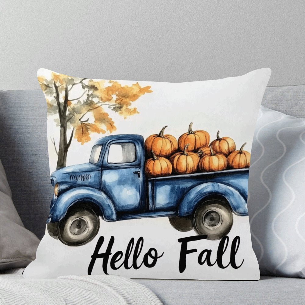 Modern Flannel Pillow Cover, 45.72X45.72 cm, Blue Truck and Pumpkin Design, Zipper Closure, Machine Washable, All-Season Comfort for Back Sleepers - Decorative Cushion Case for Home, Bedroom, Camping (1pc, Insert Not Included)