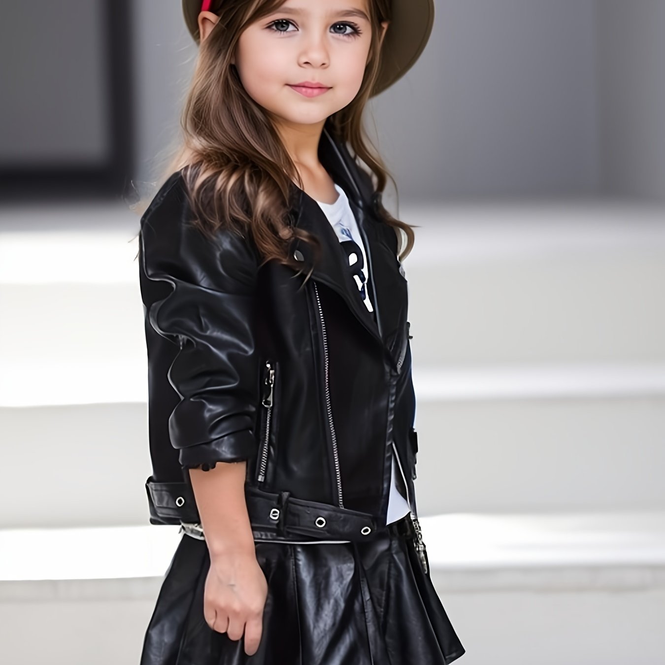 Stylish PU leather motorcycle jacket for girls, perfect for fall/winter