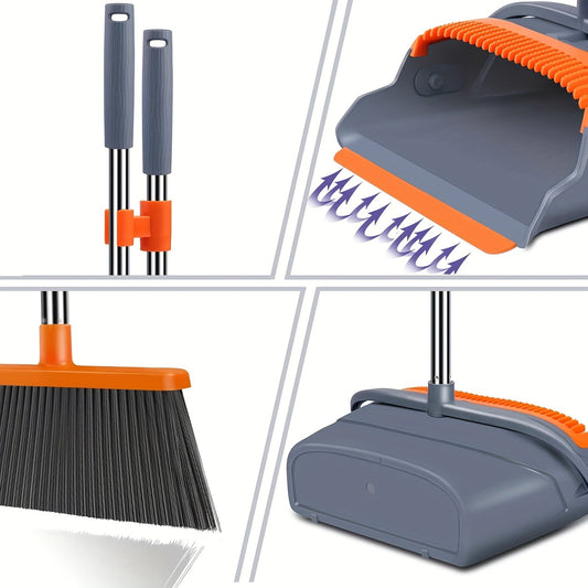 The Self-Cleaning Broom and Dustpan Set with Teeth is a versatile cleaning tool suitable for both indoor and outdoor use. Specifically designed for pet owners, this set features a convenient stand-up design in stylish gray and orange colors.