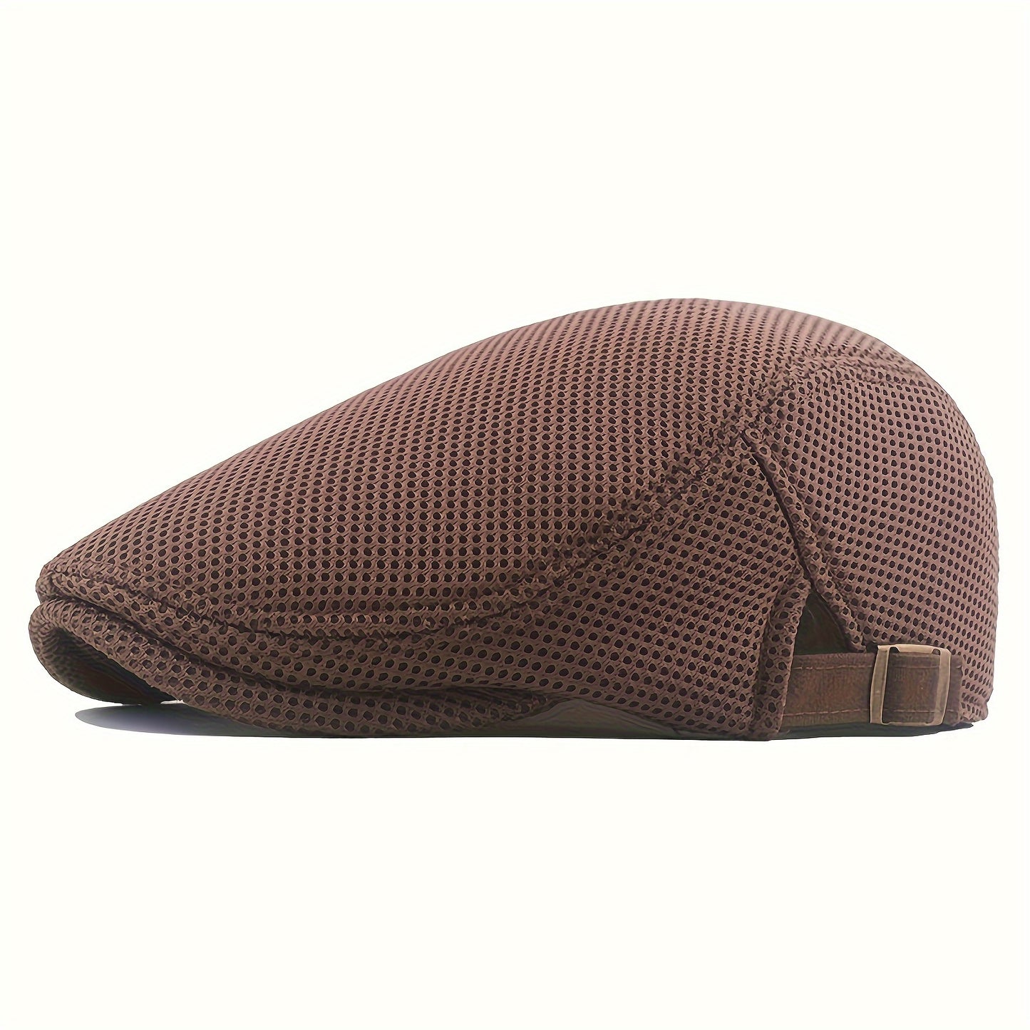 Men's fashion mesh newsboy cap with hollow-out design, adjustable size, and breathable sun protection. Made of polyester material, perfect for a street style look. Ideal gift for holidays.