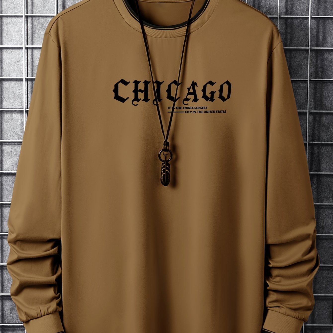 Chicago Printed Men's Street Daily Long Sleeve High Stretch T-shirt, Spring Fall Outdoor, Men's Clothing